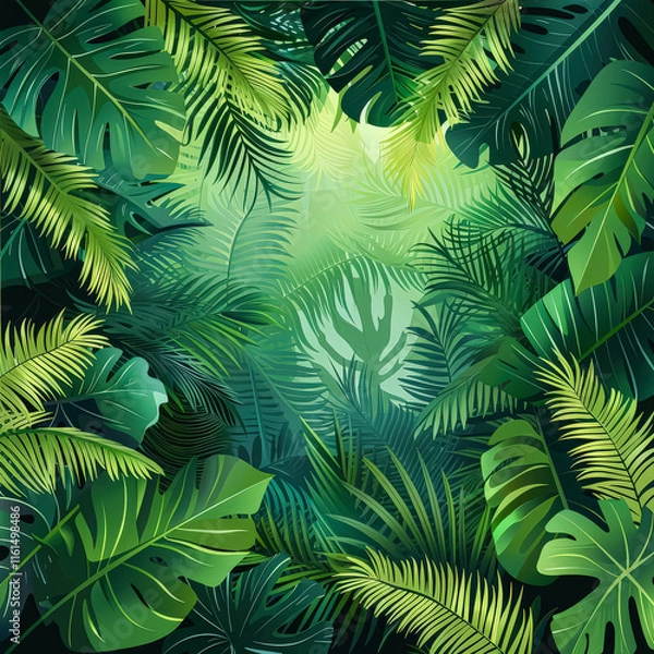 Fototapeta Vibrant and dense jungle scene with a variety of green leaves and brown vines.
