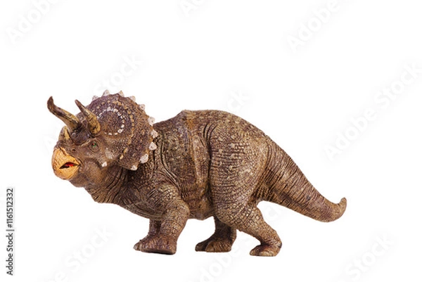 Obraz Isolated triceratops dinosaur. Dinosaur toy on white background. Triceratops were a really big dinosaurs eating herbivorous.