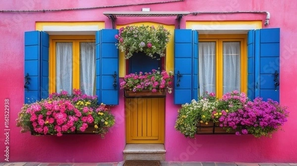 Fototapeta View of colorful houses with vibrant windows and flower boxes, Burano