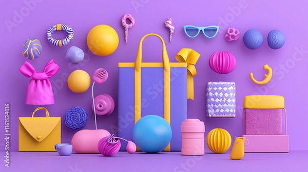 Fototapeta Colorful collection of trendy accessories and decorative items on purple background