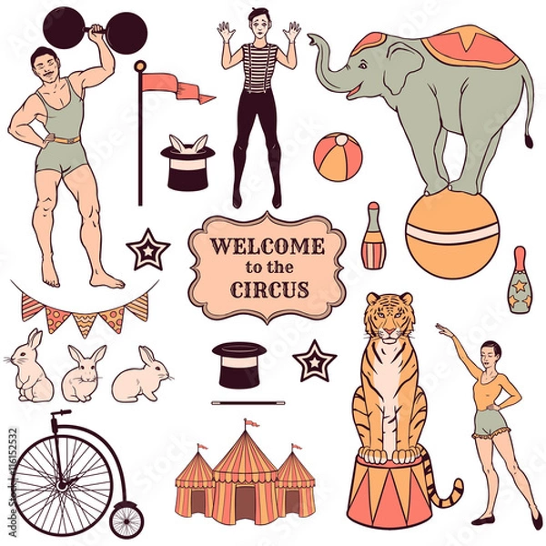 Fototapeta Set of various circus elements, people, animals and decorations