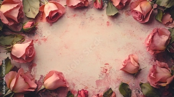 Obraz A floral frame with space for text featuring pink roses and green leaves framing a vintage textured beige background with hints of pink and red, ideal for floral-themed designs or invitations
