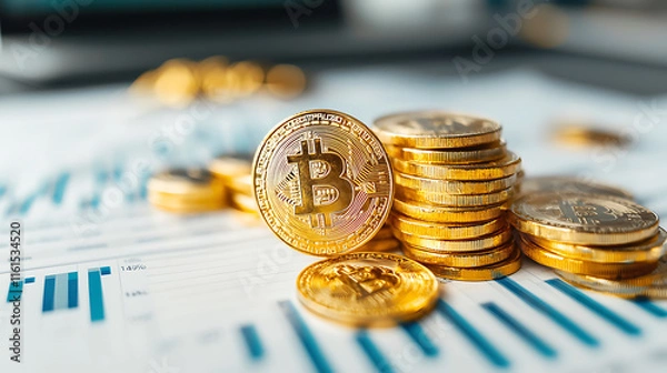 Fototapeta stack of golden bitcoins on financial chart, symbolizing cryptocurrency growth and investment opportunities