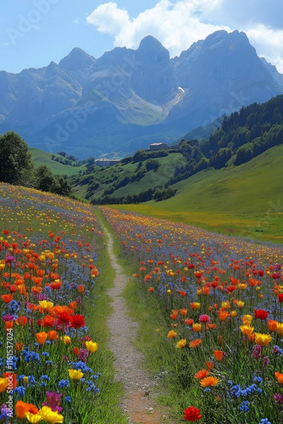 Fototapeta Photo réaliste professionnelle d’une prairie pittoresque de campagne avec un chemin sinueux, des fleurs éclatantes en pleine floraison, et des collines ondulantes en arrière-plan