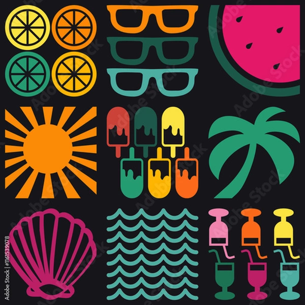 Fototapeta Bright summer seamless pattern featuring tropical elements with fruits, drinks, and sunny weather motifs