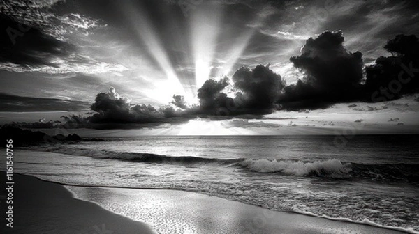 Obraz Dramatic black and white beach sunset with sun rays breaking through clouds.