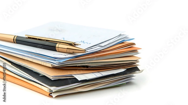 Fototapeta stack of financial documents, reports, and pen on top, symbolizing organization and analysis