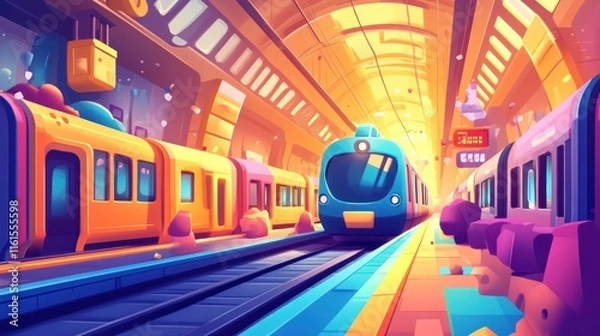 Fototapeta Colorful trains at futuristic train station platform.