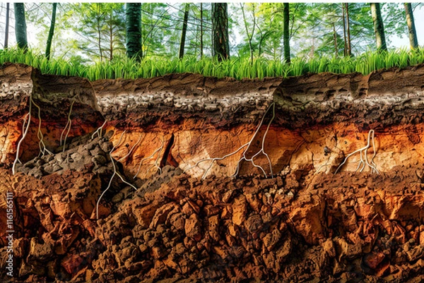 Fototapeta Cross-section of earth layers, showing distinct mineral strata, soil textures, and geological features