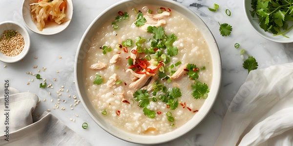 Fototapeta Hearty chicken rice porridge with soy sauce, pickled vegetables, cilantro, and scallion garnish