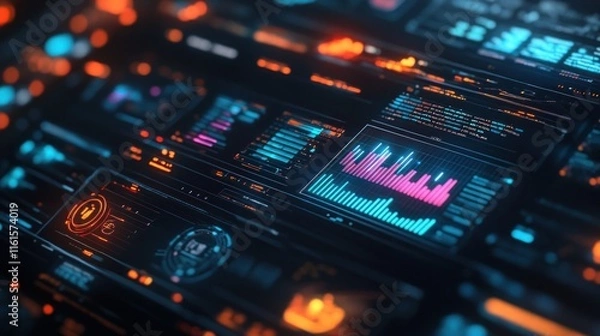 Obraz Global analytics dashboard featuring heatmaps and bar graphs, modern and clean UI, cyberpunk aesthetics