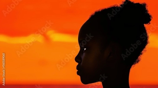 Fototapeta A young woman stands in awe, her silhouette framed by a breathtaking sunset, capturing a moment of peace and reflection.