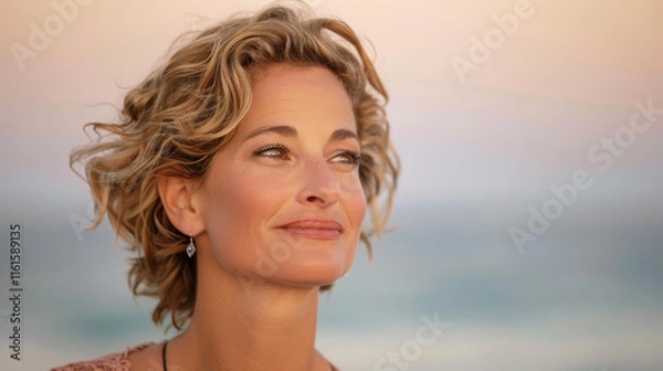 Obraz A stunning portrait of a blond woman exuding poise and grace, capturing her middleaged elegance effortlessly.