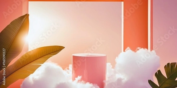 Obraz Pink product display on clouds with tropical leaves, sunny backdrop. Feminine aesthetic.