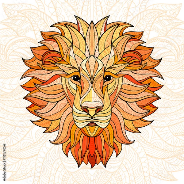Obraz Detailed colored Lion in aztec style. Patterned head of the lion on isolated background. African indian totem tattoo design. Vector illustration. Eps10.