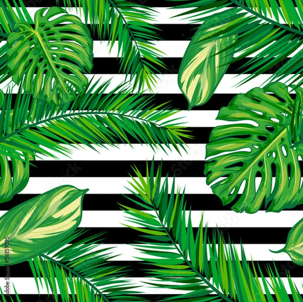 Obraz Beautiful seamless tropical jungle floral pattern background with palm leaves. Vector illustration.