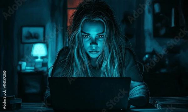 Fototapeta Woman looking at a laptop screen in a dark room