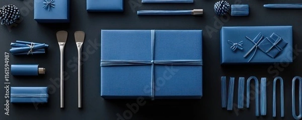 Fototapeta Blue gift box and accessories laid out neatly on a dark surface