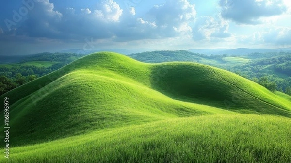 Fototapeta Lush Green Rolling Hills Under Bright Sky with Clouds, Capturing the Serenity of Nature and Inviting Outdoor Exploration in a Vibrant Landscape