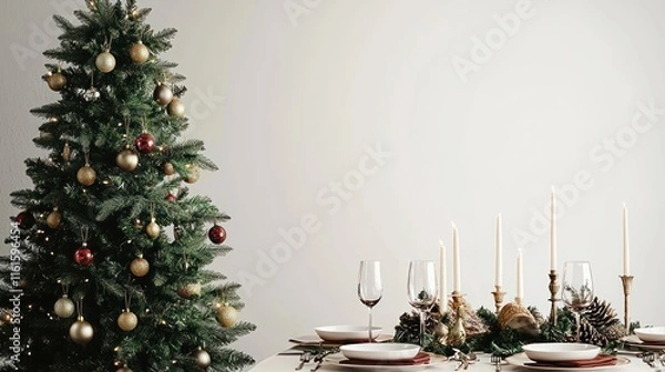Fototapeta Christmas tree next to a festive table setting in a cozy dining room, white background