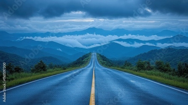 Fototapeta Serene Landscape with Endless Road Leading into Misty Mountains Under Dramatic Cloudy Sky, Capturing Tranquility and Beauty of Nature's Wilderness