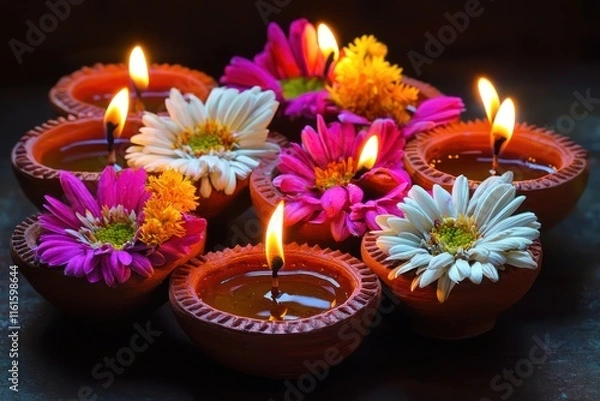 Fototapeta Diwali Celebration Colorful clay diya lamps adorned with vibrant flowers illuminate the festival lights, creating a beautiful contrast against a dark background