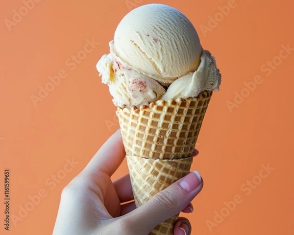 Fototapeta Female hand holding ice cream in a waffle cone on a bright background