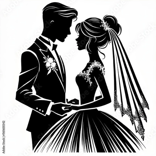 Obraz "Elegant Wedding Silhouette: Romantic Bride and Groom with Floral Frame in Minimalist Black and White Design"