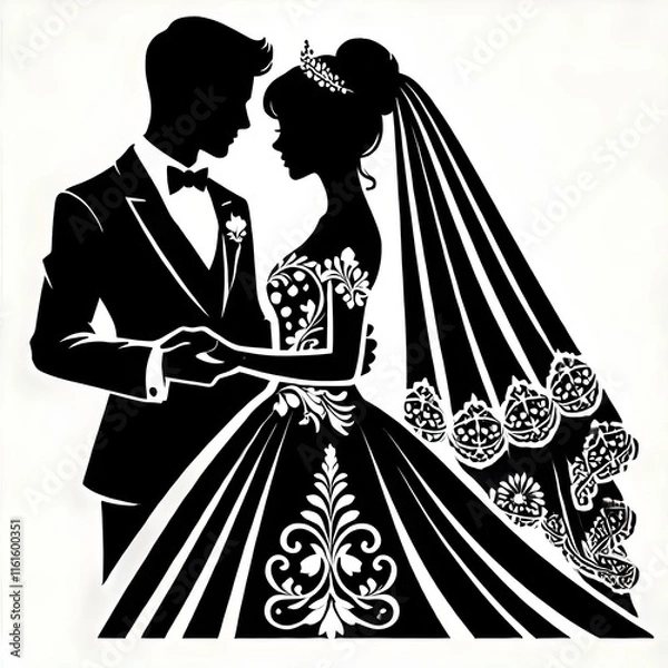 Obraz "Elegant Wedding Silhouette: Romantic Bride and Groom with Floral Frame in Minimalist Black and White Design"