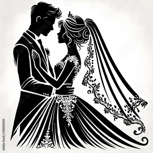 Obraz "Elegant Wedding Silhouette: Romantic Bride and Groom with Floral Frame in Minimalist Black and White Design"