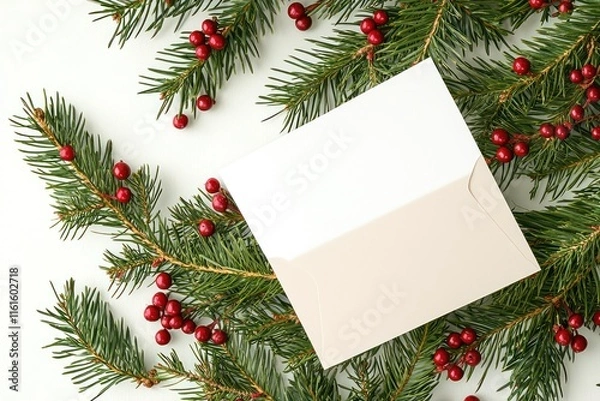 Fototapeta Overhead view a blank card and envelope resting on fir branches with berries, white background