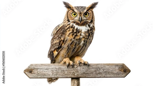 Fototapeta Owl standing proudly on a signpost, surrounded by nature, white background
