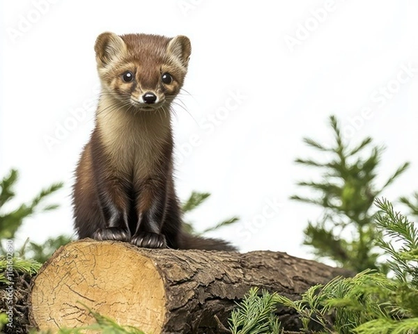 Fototapeta Pine marten perched on a log in a dense forest setting, white background