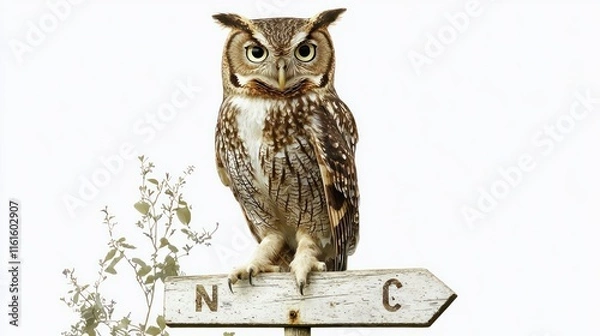 Fototapeta Owl standing proudly on a signpost, surrounded by nature, white background
