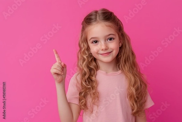 Fototapeta Pretty young girl indicating an empty space with her finger, set against a pink backdrop