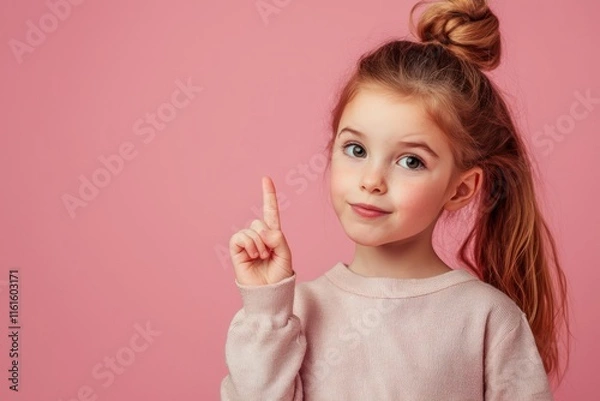 Fototapeta Pretty young girl indicating an empty space with her finger, set against a pink backdrop