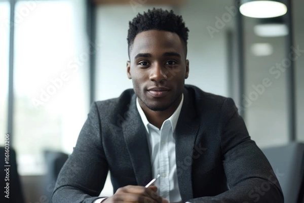 Fototapeta Professional young man confidently discussing strategies in a boardroom
