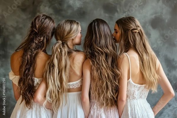 Fototapeta Rear view portrait five model girls in a tender pose, encouraging authenticity against a studio background