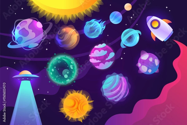 Fototapeta Set of planets and space objects. Vector cartoon illustration. UFO, rocket and stars. EPS 10