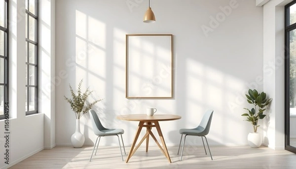 Fototapeta minimalist dining area with frame mockup, wooden table, modern chairs, pendant light, soft natural light, neutral tones, clean design, Scandinavian decor, bright and elegant