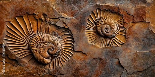 Fototapeta Ammonite fossils showing spiral shape embedded in sedimentary rock
