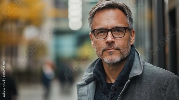Obraz Confident middle-aged man in an urban environment, reflecting seasoned leadership.