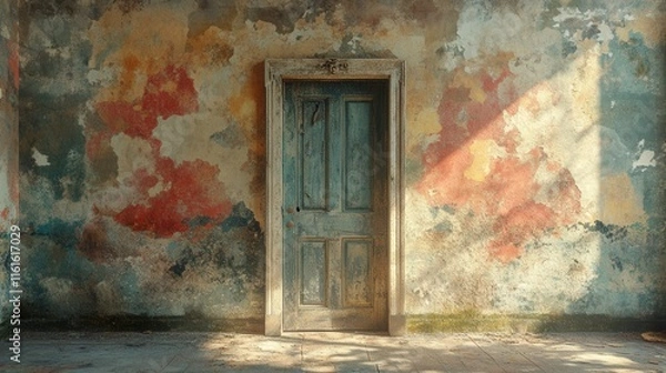 Fototapeta Weathered Blue Door Against a Grungy Textured Wall in an Abandoned Space Highlighting Vintage Aesthetic and Rustic Charm for Interior Design Inspiration