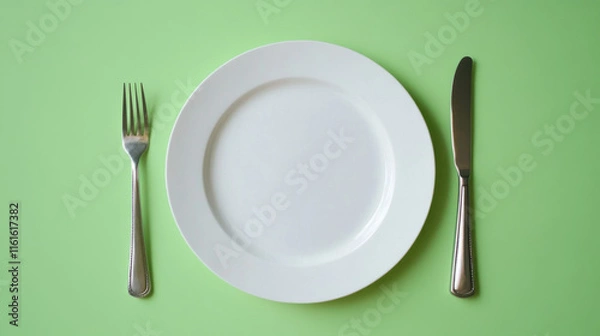 Fototapeta A clean white plate sits in the center flanked by a silver fork and knife, placed on a bright green background. The arrangement suggests readiness for a meal and highlights the dining experience
