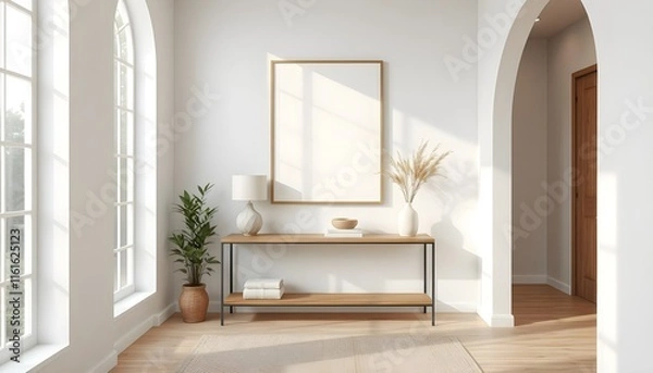 Fototapeta minimalist hallway with frame mockup, textured wall, narrow console table, ceramic vase, subtle lighting, muted colors, woven runner rug, sleek and modern entryway