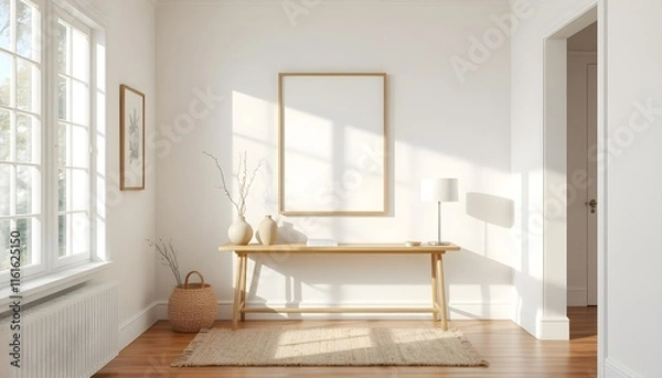 Fototapeta minimalist hallway with frame mockup, textured wall, narrow console table, ceramic vase, subtle lighting, muted colors, woven runner rug, sleek and modern entryway
