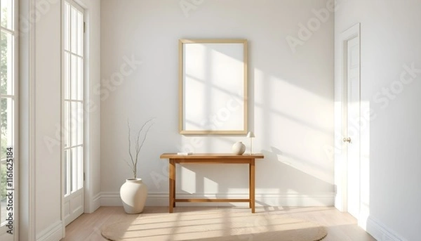 Fototapeta minimalist hallway with frame mockup, textured wall, narrow console table, ceramic vase, subtle lighting, muted colors, woven runner rug, sleek and modern entryway