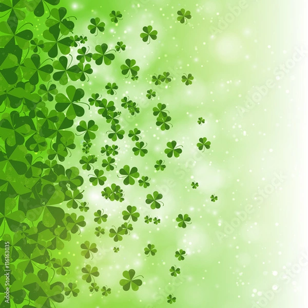 Fototapeta Happy Saint Patrick's day background design, postcard, template, invitation, green shamrock leaves, vector illustration