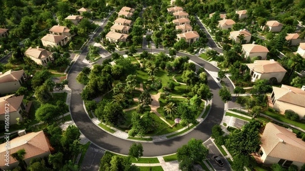 Fototapeta Power usage statistics concept. Aerial view of a suburban neighborhood with circular streets, surrounded by lush greenery and residential homes.