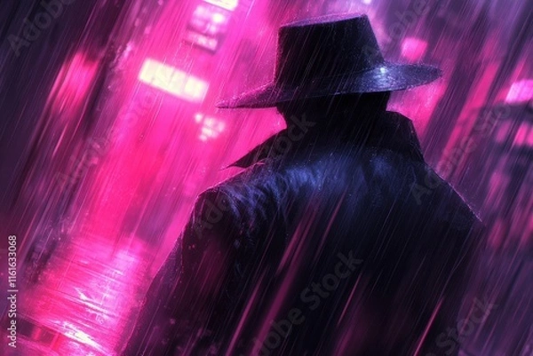Fototapeta A mysterious figure in a dark hat stands in the rain, illuminated by vibrant pink and purple lights, creating a dramatic and moody atmosphere.